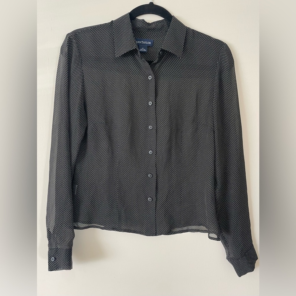100% Silk Black Polka Dot Feminine Parisian Old Money Semi Sheer Blouse Small